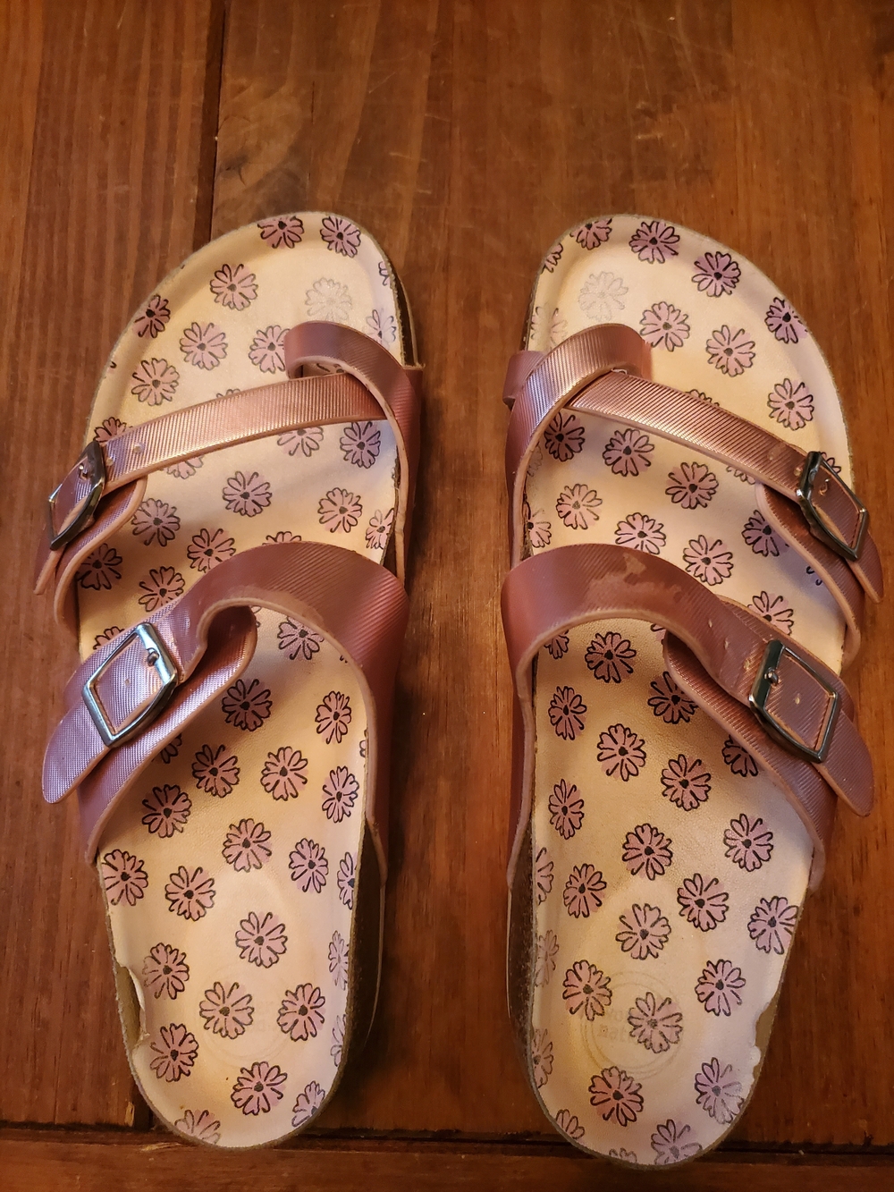 Kids Double-Buckle Flower Print Sandals in Rose Pink